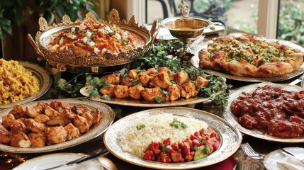 Fototapeta premium A rich selection of Indian cuisine, including chicken tikka masala and tandoori chicken, displayed elegantly on a festive dining table.