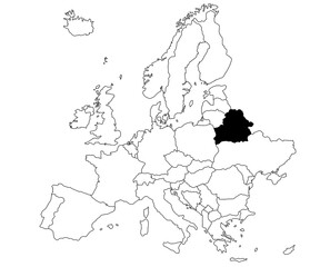Map of Belarus Country in Europe continent on white background. single Country map highlighted by black colour on Europe map. European Continent, EU