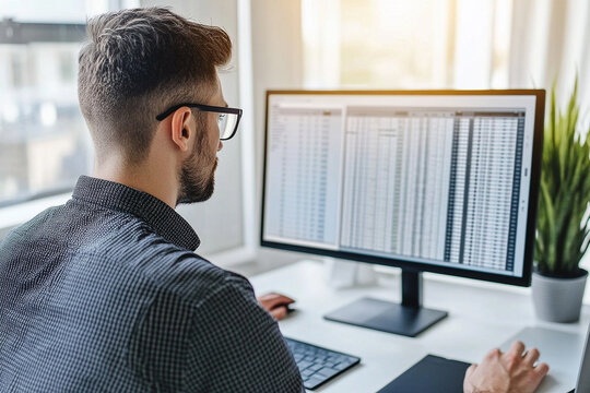 A man working on a spreadsheet on a computer screen in a modern office, analyzing data and financial information with natural light.