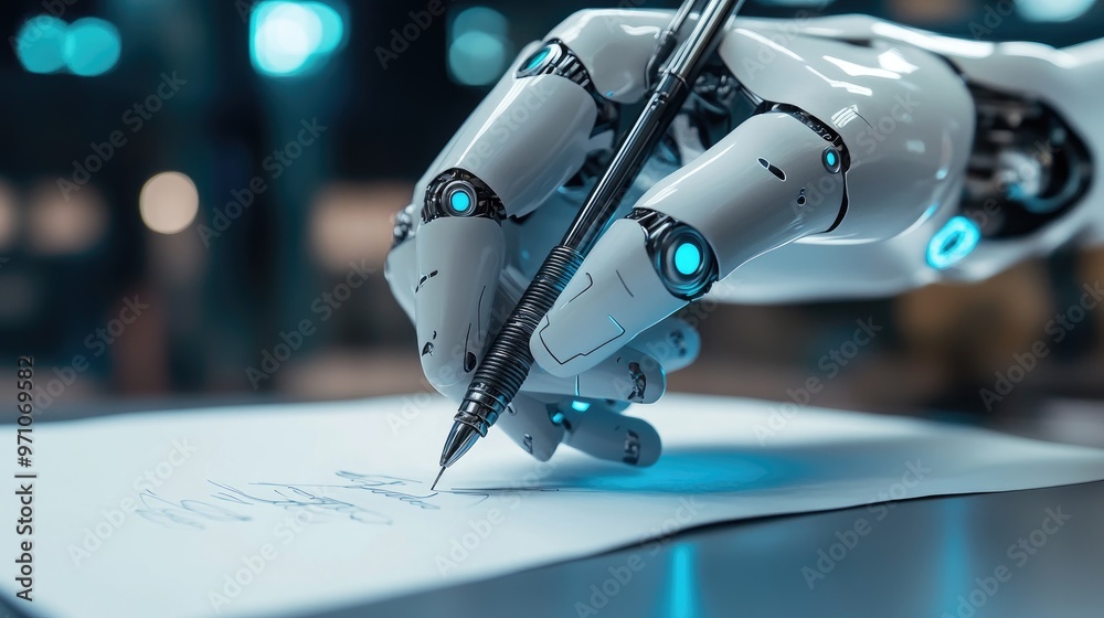 Poster a robotic arm writing on paper with precision, representing ai's role in assisting with thoughtful t