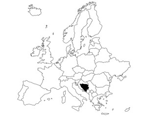 Map of Bosnia and Herzegovina Country in Europe continent on white background. single Country map highlighted by black colour on Europe map. European Continent, EU