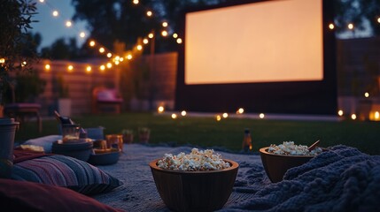 A backyard movie night setup with a large screen, string lights, blankets, and bowls of popcorn under the stars