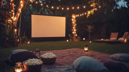 A backyard movie night setup with a large screen, string lights, blankets, and bowls of popcorn under the stars