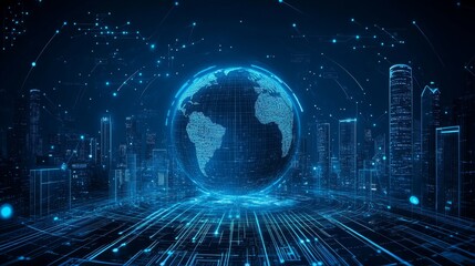 Blue Glowing Earth Surrounded by Technology Elements on Dark Background