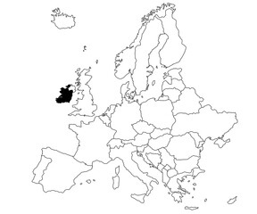 Map of Ireland Country in Europe continent on white background. single Country map highlighted by black colour on Europe map. European Continent, EU
