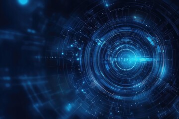 A dynamic abstract blue background featuring circular patterns and glowing particles representing technology and innovation.