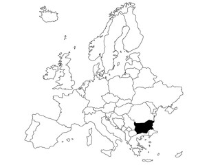 Map of Bulgaria Country in Europe continent on white background. single Country map highlighted by black colour on Europe map. European Continent, EU