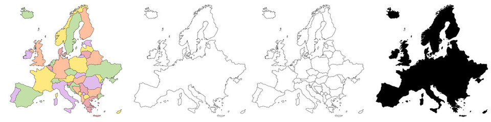 Europe regions administrative map, Europe outline and countries map set - illustration version. Europe continent country series