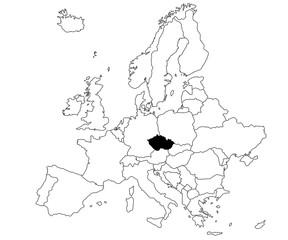 Map of Czech Republic Country in Europe continent on white background. single Country map highlighted by black colour on Europe map. European Continent, EU