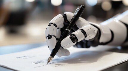 A robotic hand holding a pen and writing neatly on paper, a representation of AI's precision and capability in completing human tasks.