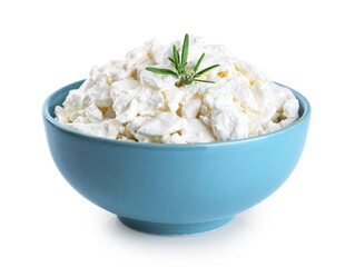 Cottage cheese in a bowl isolated on white background. With clipping path.