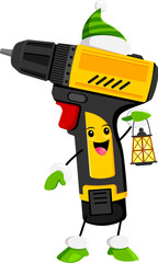 Cartoon Christmas electric drill diy and repair tool character cheerfully holds a lantern, illuminating its face with holiday spirit and handy joy. Isolated vector construction instrument personage
