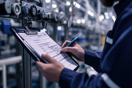 Engineer filling a checklist in a manufacturing plant, ensuring operational efficiency and safety. Technology and industry background.