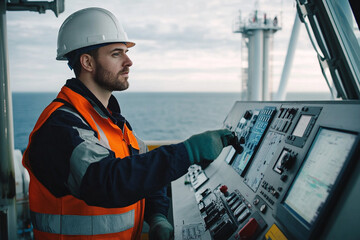 Engineer operating control panel on offshore platform, ensuring safety and efficiency in operations. Industrial technology at sea.