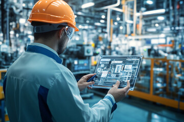Engineer using a digital tablet to monitor the manufacturing process in a high-tech industrial factory wearing a hard hat and safety goggles.