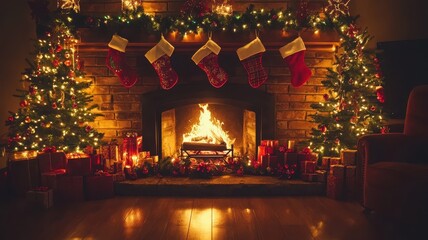 Fototapeta premium A cozy Christmas scene featuring a decorated fireplace, glowing lights, and colorful presents under the tree, evoking holiday spirit.