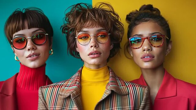 Fashionable close-up portrait of a young woman with stylish sunglasses, vibrant makeup, and a confident expression.
