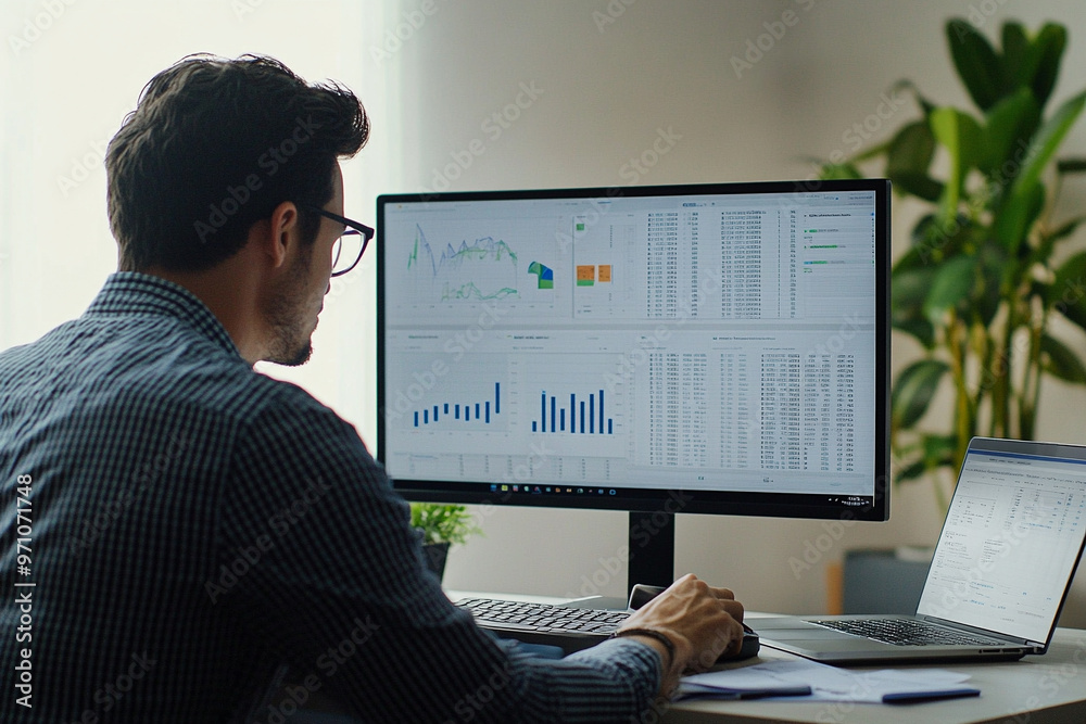 Wall mural man analyzing data on computer screens, working from home. focus on graphs, charts, and remote work 