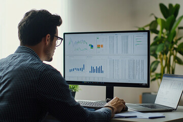 Man analyzing data on computer screens, working from home. Focus on graphs, charts, and remote work setup in a modern office environment.
