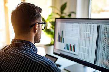 Man analyzing data on a computer screen in a modern office, working with graphs and charts for business research and analytics.