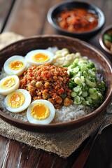 Nasi Liwet: Savory coconut rice dish from Solo, often served with boiled eggs, tempeh, and sambal.