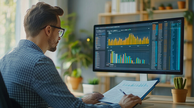 Man analyzing data charts on computer screen in modern office. Business and finance concept with digital graphics and statistics.