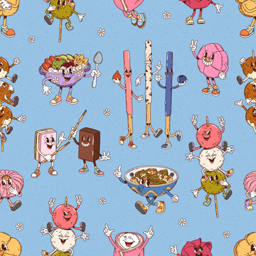 Groovy Japanese desserts characters seamless pattern, featuring fun Japan sweet food personages. Cartoon vector tile background, wallpaper, fabric print with a playful and whimsical Asian pastry meals