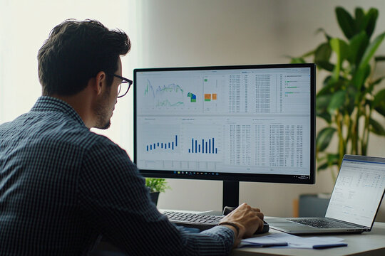 Man analyzing data on computer screens, working from home. Focus on graphs, charts, and remote work setup in a modern office environment.