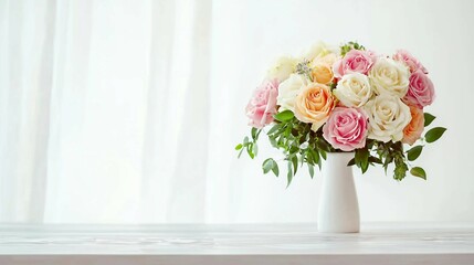 Obraz premium Fresh Floral Wedding Arrangement on Table Against a White Background Showcasing the Beauty of a Stunning Bouquet