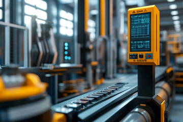 Modern industrial machinery with touch-screen monitor in a factory. Advanced technology in automated manufacturing processes.
