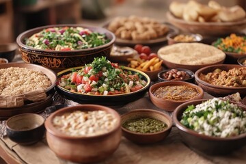 Fototapeta premium Variety of middle eastern and arabic dishes displayed on table