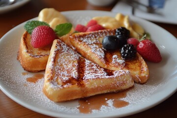 Delicious french toast with berries, syrup and whipped cream for breakfast