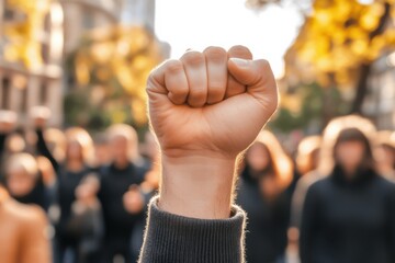 Raised fist in front of a diverse group of people