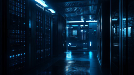 A dark room with servers and storage equipment. Blue lights illuminate the space. This image is a computer-generated 3D model.