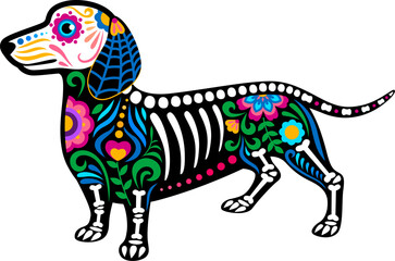Day of the dead Mexican dog animal skeleton tattoo. Isolated vector dia de los Muertos sugar skull holiday dachshund puppy decorated with festive colorful floral patterns, bones and skeletal elements