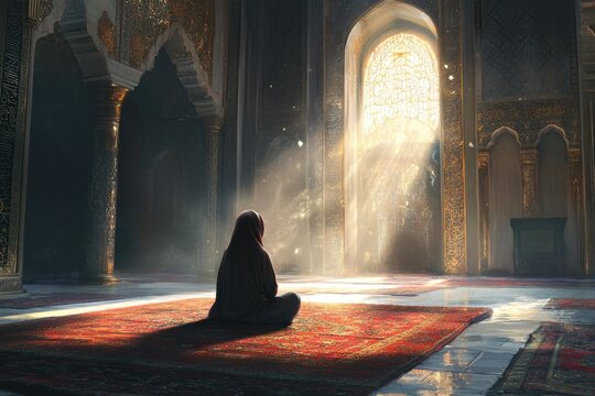 Muslim woman praying inside mosque with sunlight shining through window