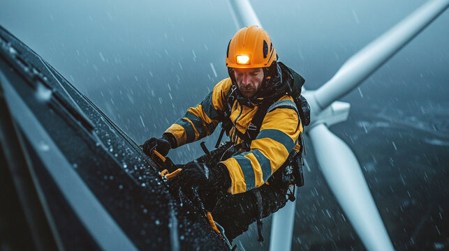 Wind turbine technician in safety gear working in harsh weather conditions, demonstrating engineering skill and dedication to renewable energy.