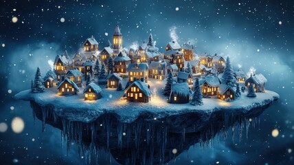 A magical winter village floating in the sky, illuminated by warm lights, surrounded by soft snowflakes and a serene blue atmosphere.