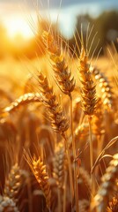 Golden wheat field with a blurred background and ample space for text. A beautiful summer landscape, representing the concept of natural food production. Shallow depth of field. Vintage filter applied