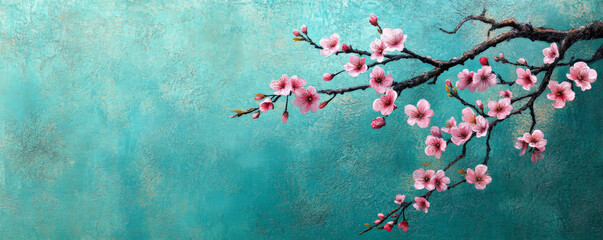 Vibrant cherry blossoms placed against a textured turquoise background with gradient hues, evoking a sense of peace and balance between nature and art.