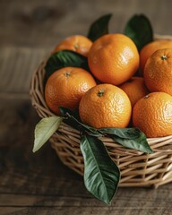 A vibrant orange display nestled in a wicker basket sits atop a rustic wooden table, illuminated by soft, warm natural light, creating an inviting atmosphere.