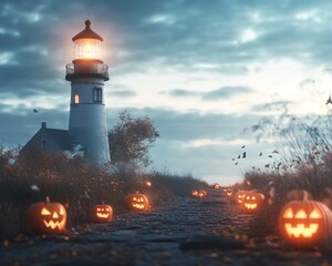 Spooky lighthouse on a misty Halloween night glowing orange light beaming from the top