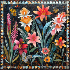 Mosaic artistic image of narrow border of Puffin feathers and tiger lilies