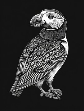 recommend clip art: Black and white line art illustration of an engraved puffin showcasing intricate details in an isolated design