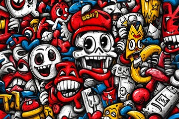 Obraz premium Colorful Doodle Pattern with Funny Characters