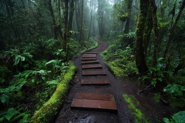 Obraz premium A winding wooden path through a dense, misty, lush green forest, surrounded by ferns and moss, creating a tranquil and serene natural environment.