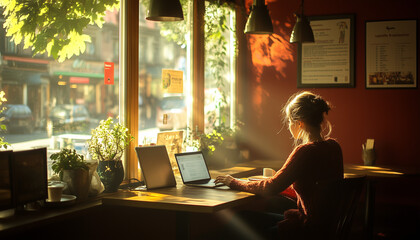 Naklejka premium A young woman working on a laptop in a cozy cafe
