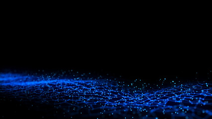 Abstract wave with blue light on black background. Science background with moving dots. Network connection technology. Digital structure with particles. 3d rendering.