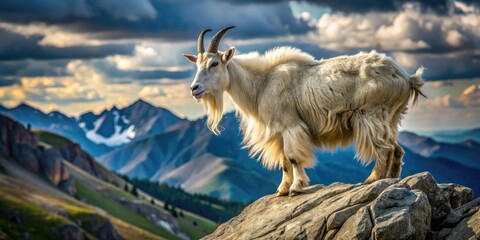 Majestic billy goat with curved horns and shaggy coat stands atop a rocky mountain outcropping, surveying its surroundings with a regal, majestic demeanor.