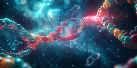 A vibrant render of molecular DNA strands floating in space, glowing in shades of red, blue, and green, with a cosmic nebula swirling in the distance.
